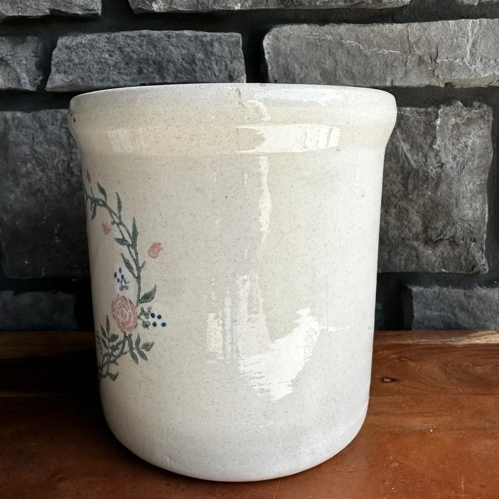 Vintage Pink Heart Floral Pottery Utensil Crock Cottagecore Grandma Farmhouse